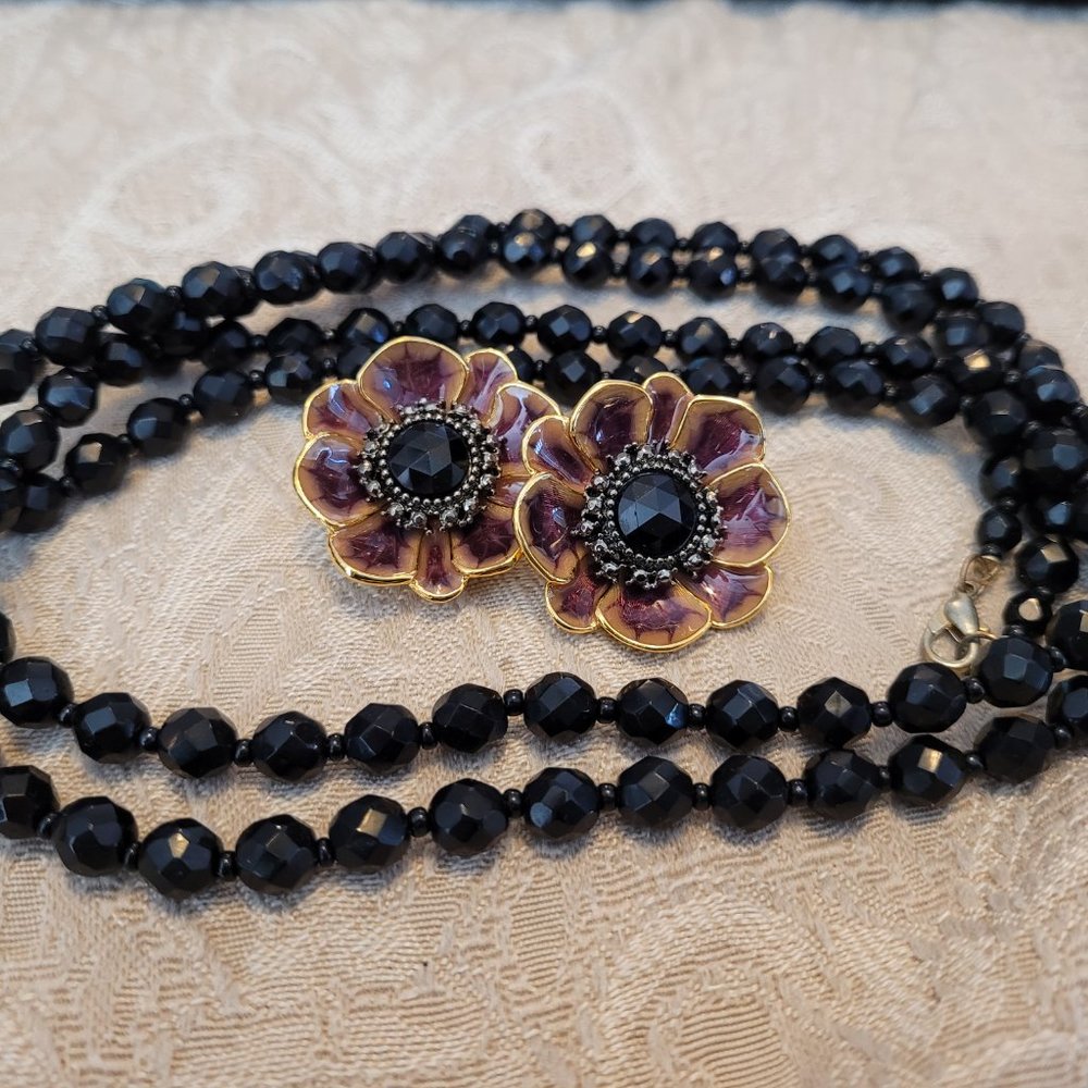 Alana Stewart Enamel Black Crystal Flower Clip-on Earrings Crystal Necklace Set